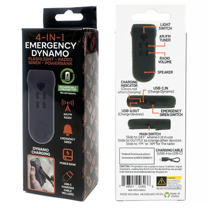 4-in-1 hand crank emergency radio with a flashlight, power bank, and siren.