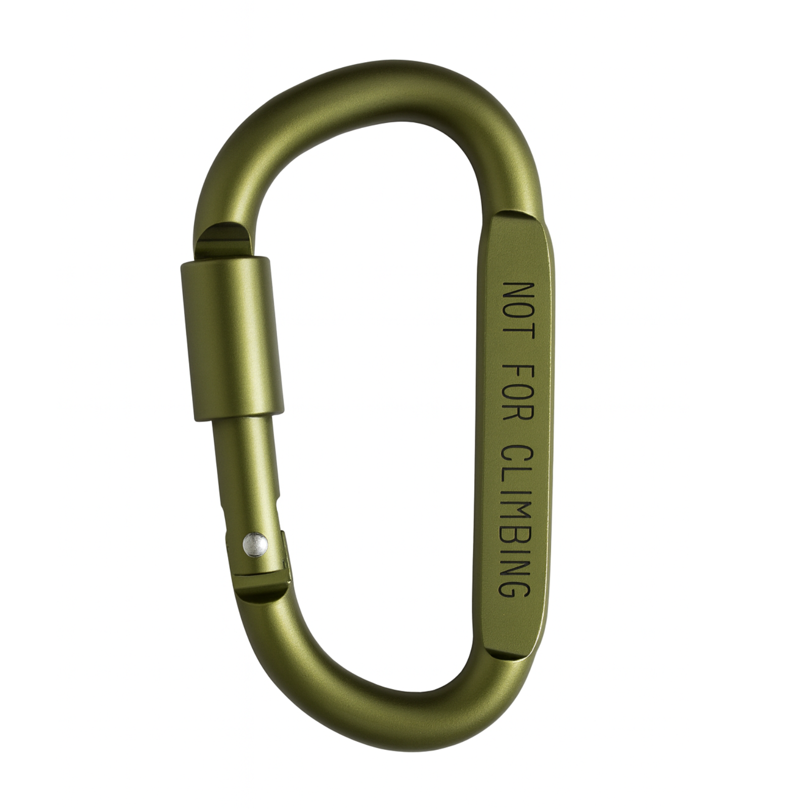 Green carabiner with 'Not for Climbing' text on a white background