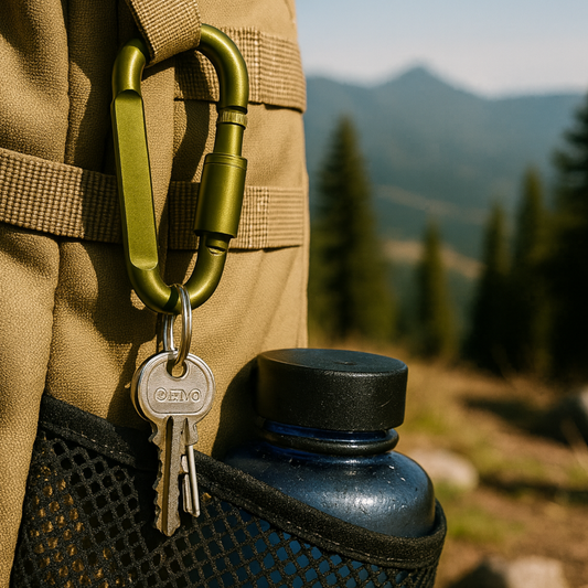 Blue water bottle with a green carabiner and key attached, set against a mountainous background.