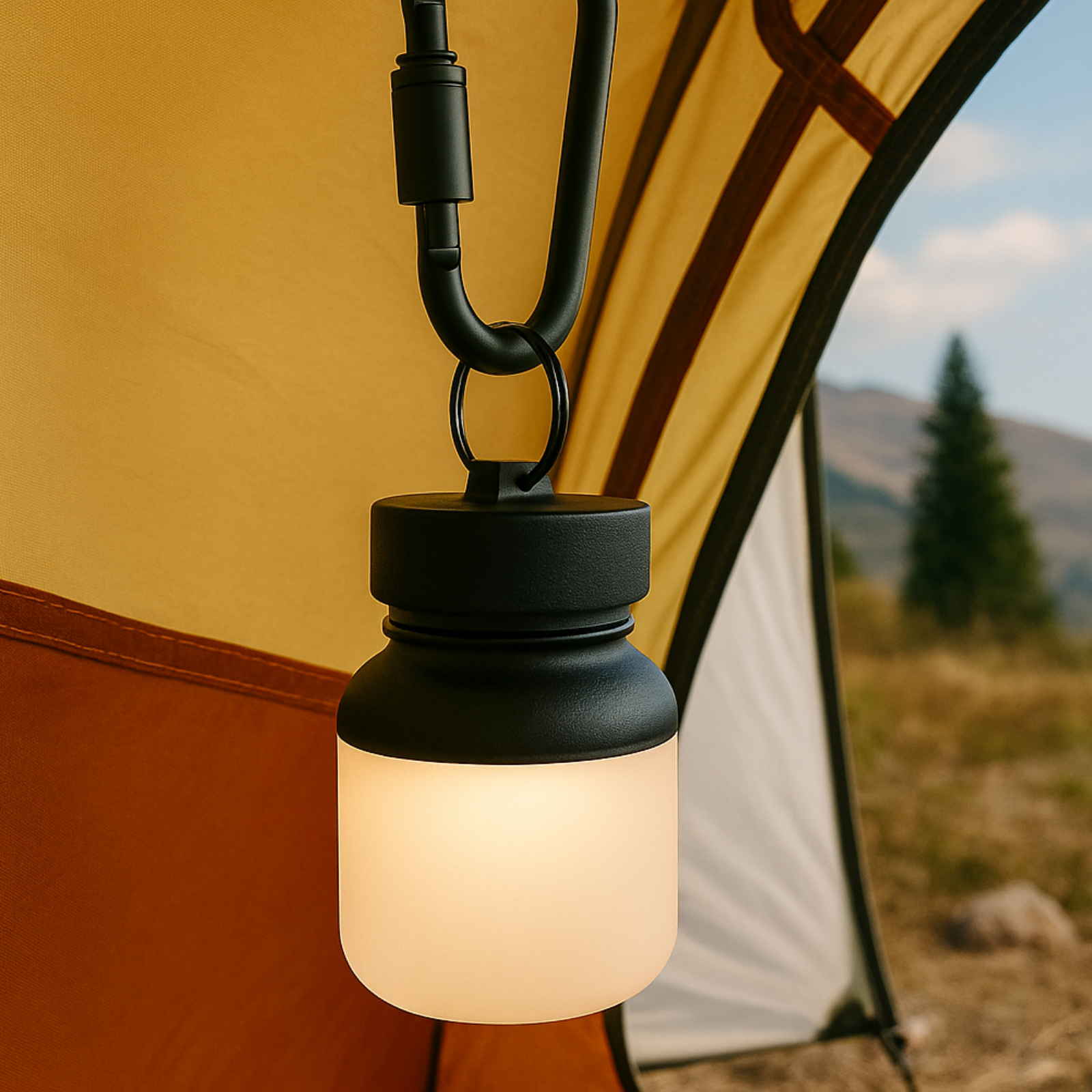 Camping lantern hanging from a tent with a scenic background