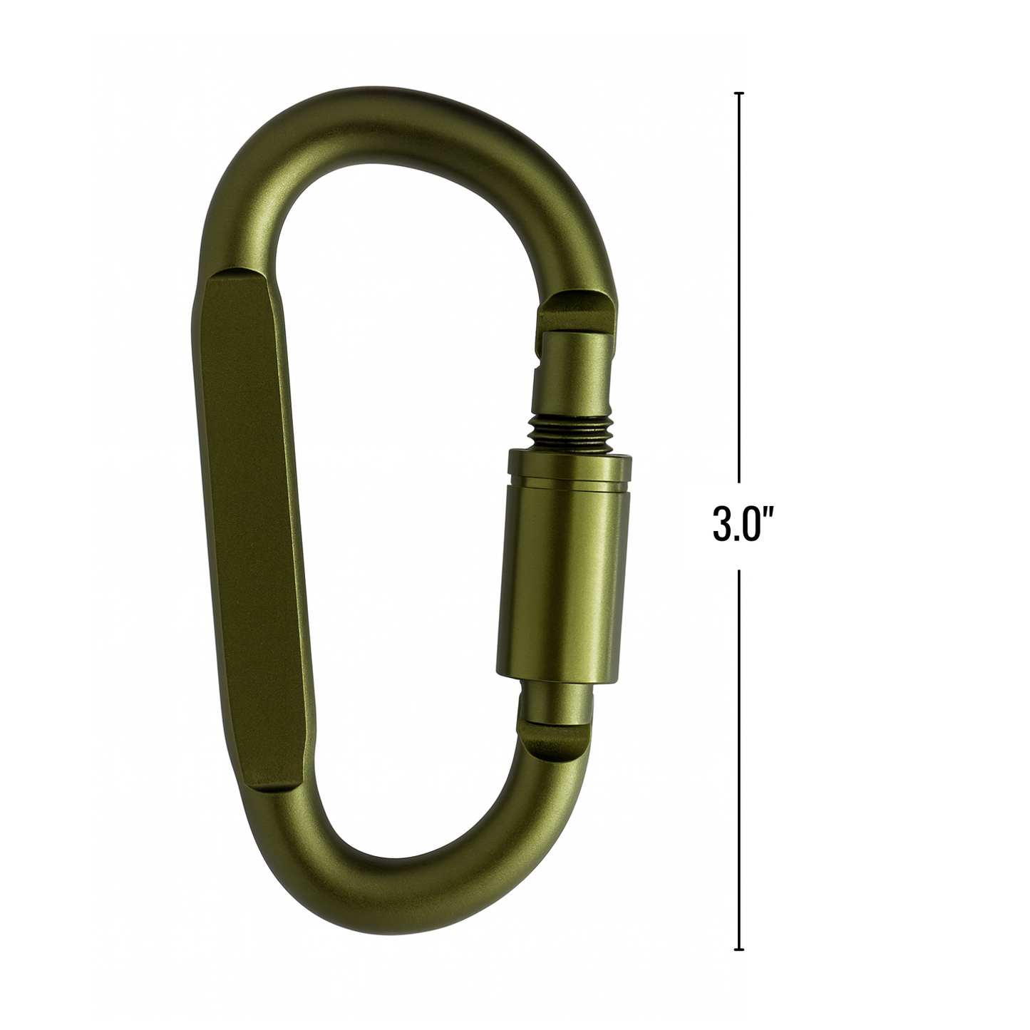 Green carabiner with measurement label on a white background