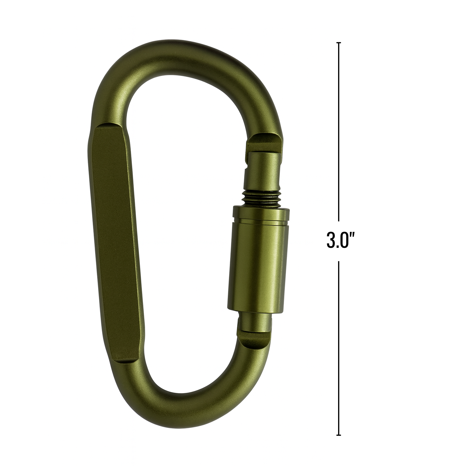 Green carabiner with measurement label on a white background