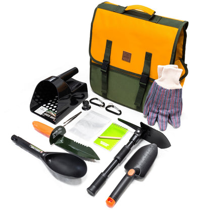 19-piece metal detecting accessories kit with a musette field tool bag and digging tools.