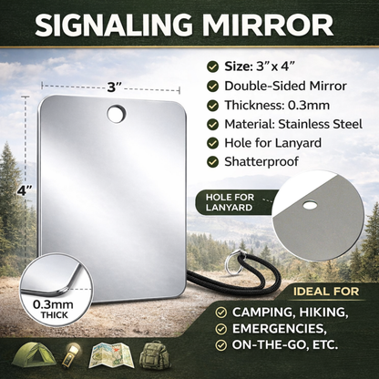 Stainless steel emergency signaling mirror for hiking and camping safety (view 2).