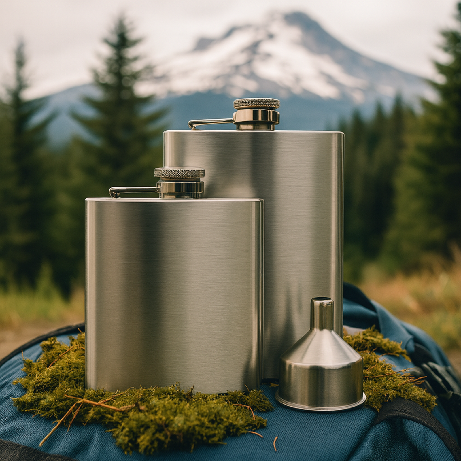 Stainless steel flask with funnel on a natural background