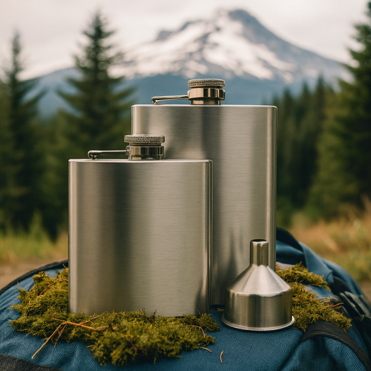 Stainless steel flask with funnel on a natural background