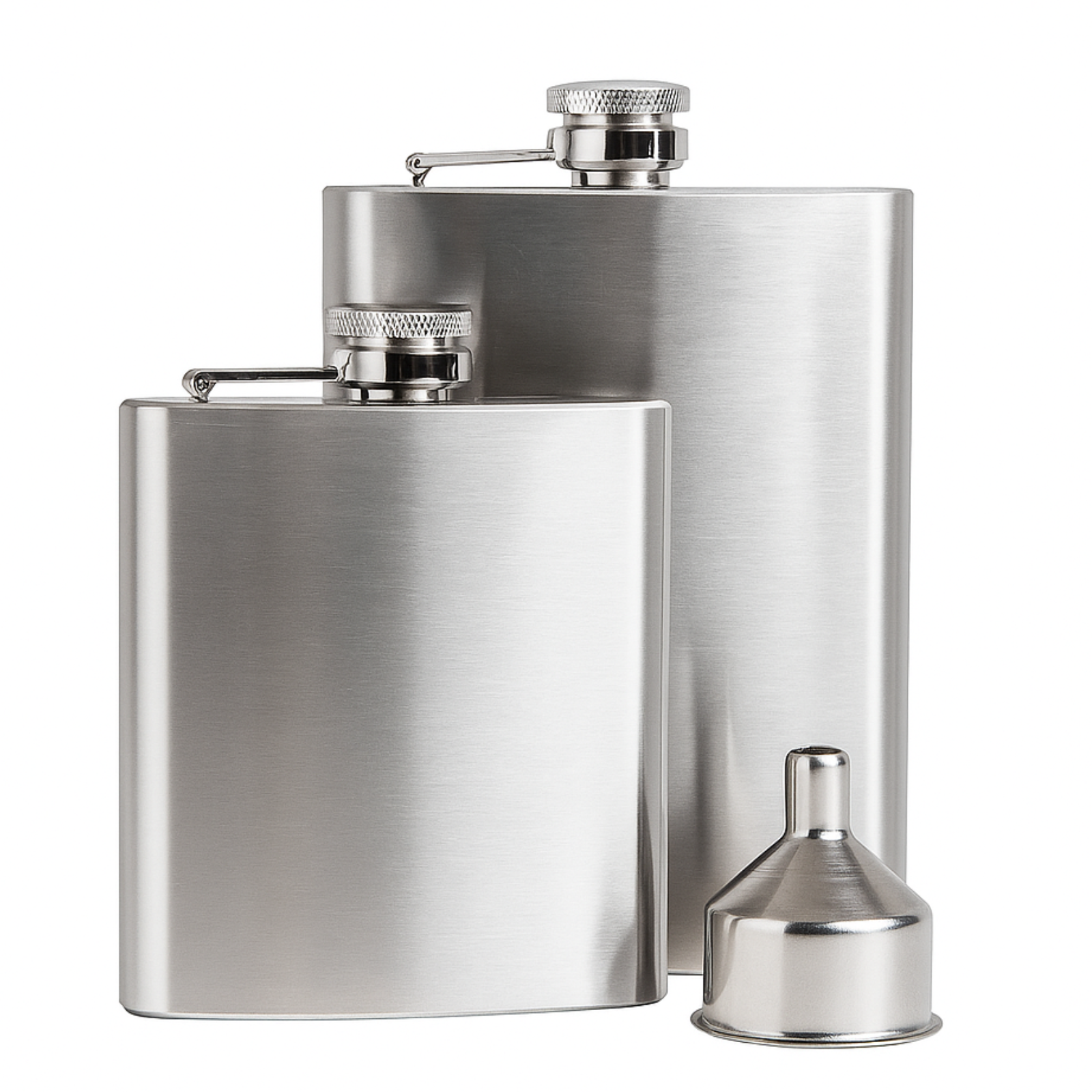 Stainless steel flask with funnel on a white background
