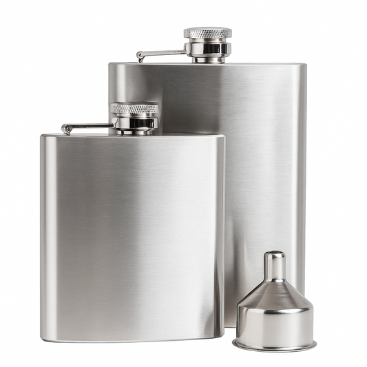 Stainless steel flask with funnel on a white background