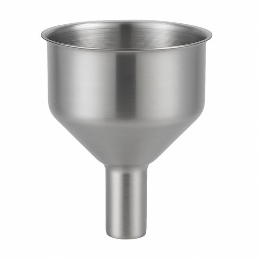 Stainless steel funnel on a white background