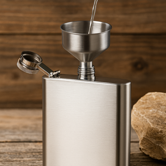 Stainless steel hip flask with funnel on a wooden surface