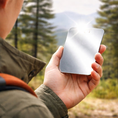 Stainless steel emergency signaling mirror for hiking and camping safety (view 3).