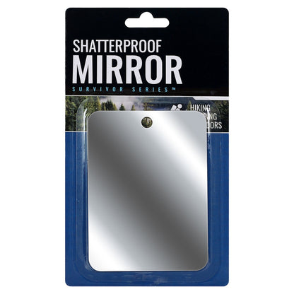 Stainless steel emergency signaling mirror for outdoor safety and rescue signaling.