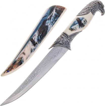 Wildlife collector hunting knife with a decorative scabbard, sleeve, and animal head handle (view 12).