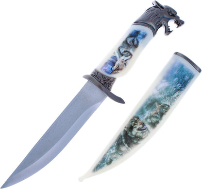 Wildlife collector hunting knife with a decorative scabbard, sleeve, and animal head handle (view 16).