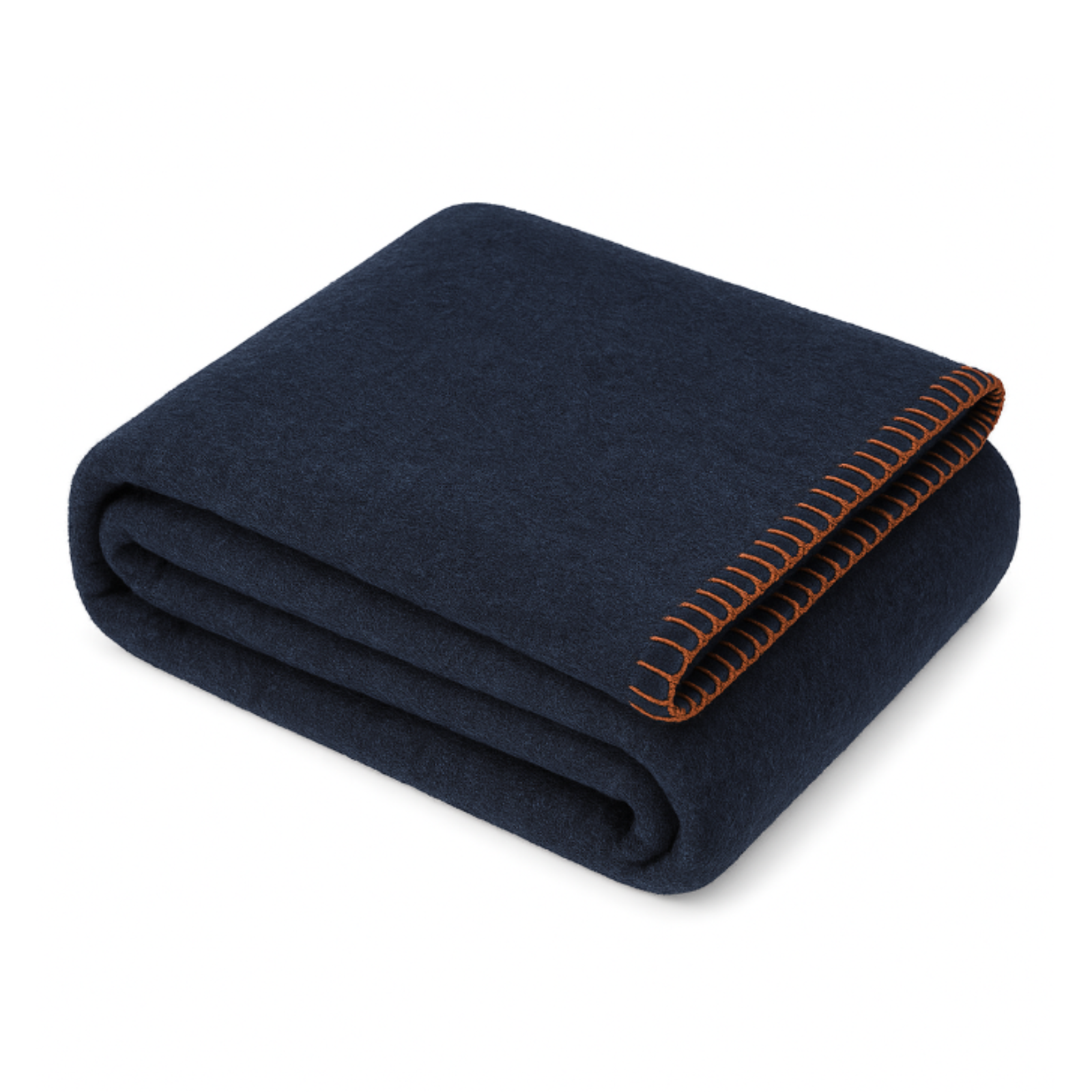 Folded navy blanket with orange stitching on a white background