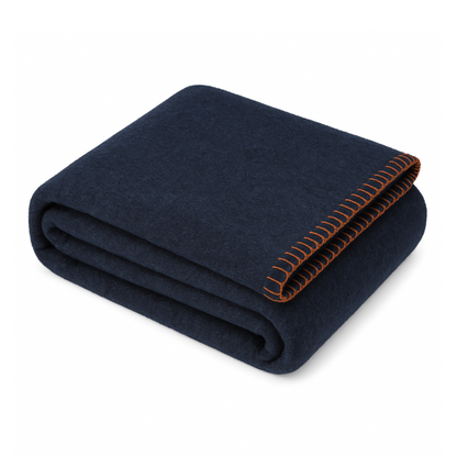 Navy blue 5lb wool blend camping blanket, 64 x 84 inches, for warmth.