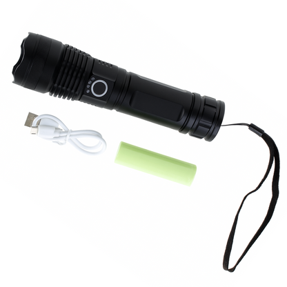 2000-lumen rechargeable flashlight with an adjustable beam and SOS mode (view 1).