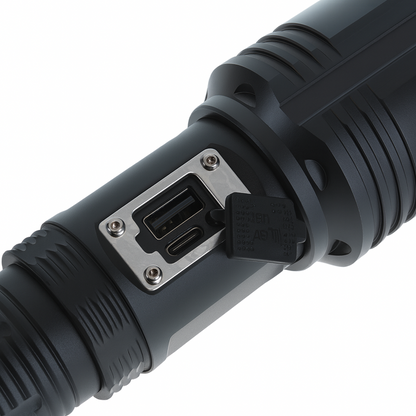3000-lumen rechargeable flashlight with an adjustable beam and SOS mode (view 1).