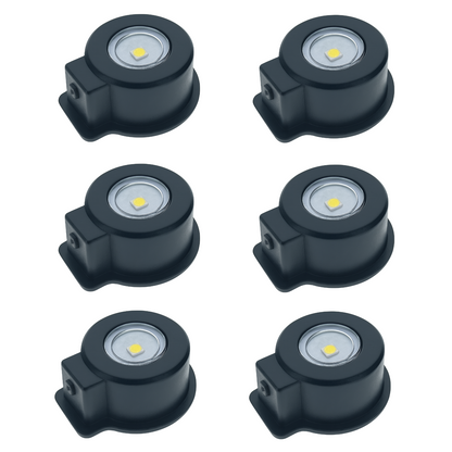 6-pack of battery-powered mini stick-on LED puck lights with magnets and adhesive.