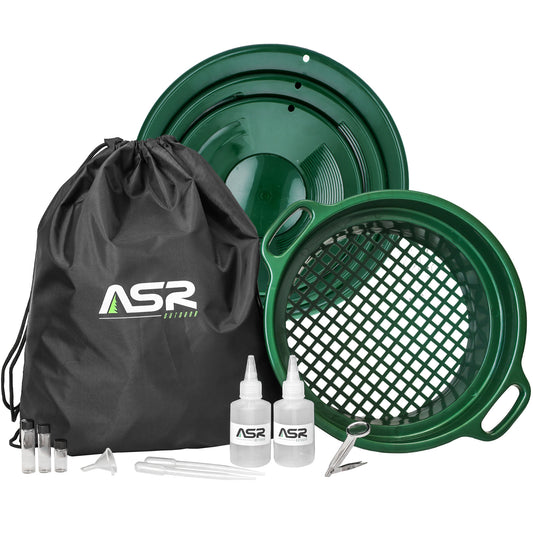 ASR Outdoor 7pc Gold Panning Kit 1/2 Mesh Classifier, 14 10 Green Gold  Pans, 2 vials, Snuffer Bottle, Tweezers with Magnifier 