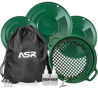 14-piece portable gold panning kit with stackable sifting screens and a drawstring backpack.