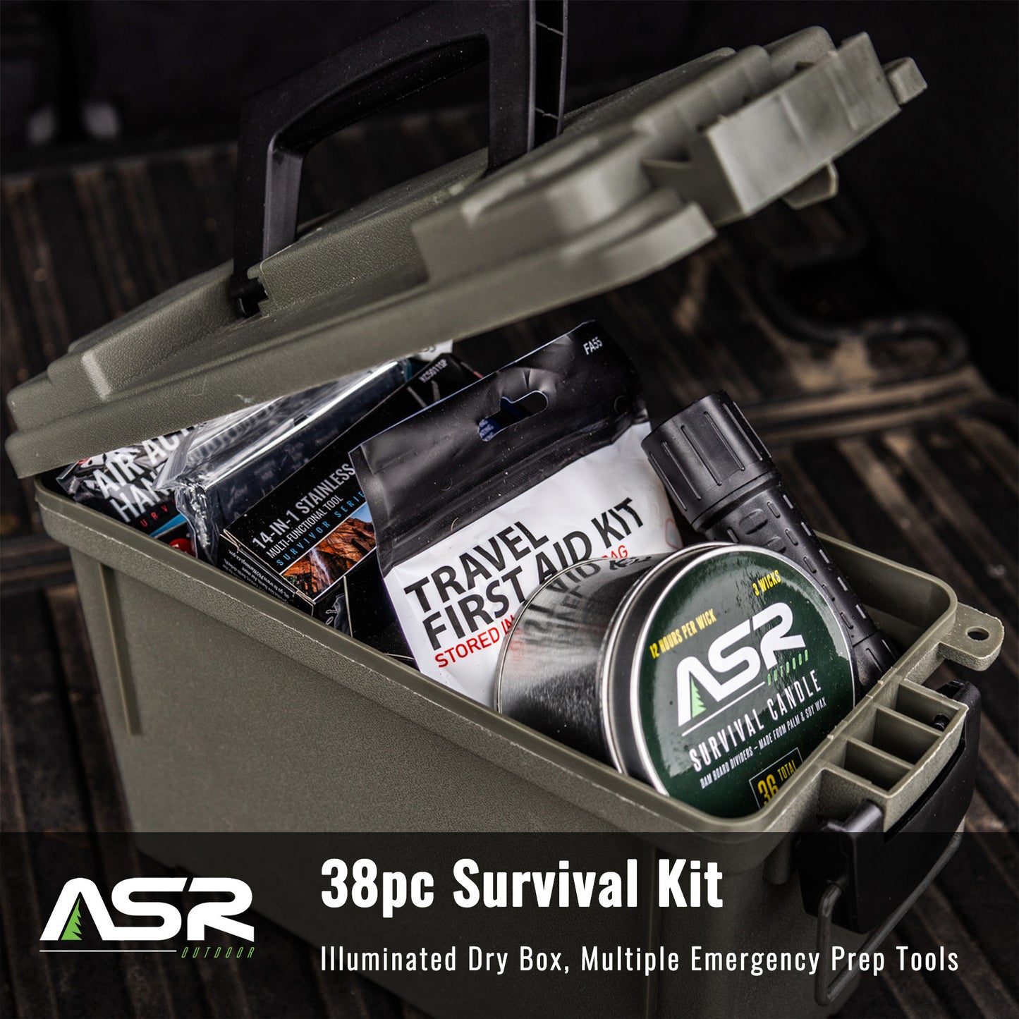 38pc Compact Survival Kit in Illuminated Dry Box