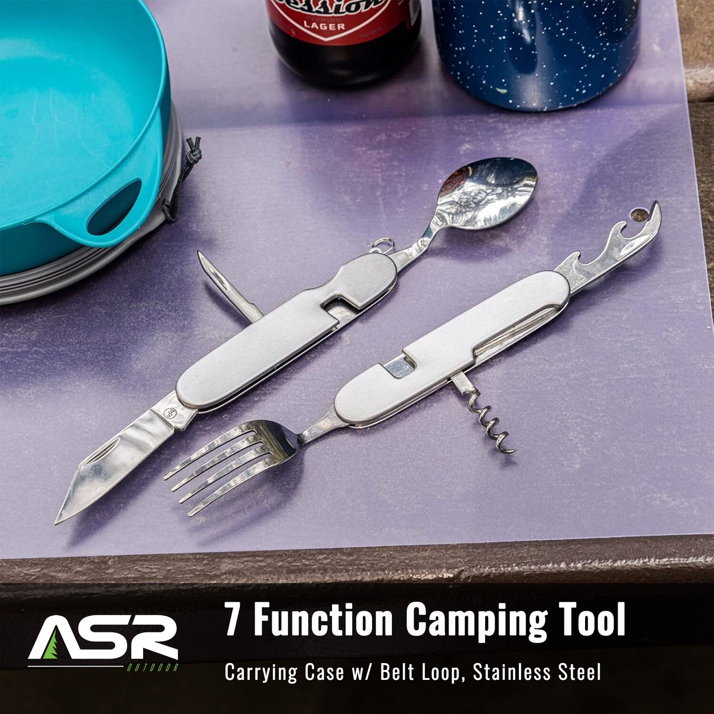 7 Function Small Pocket Camping Utensil Flatware, Spoon Fork Knife