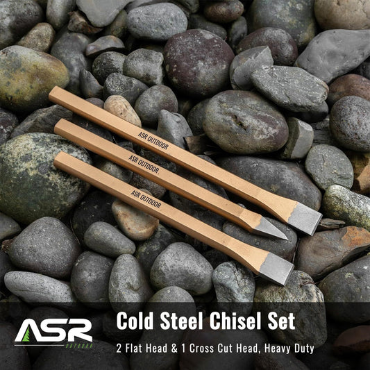 3 chisels of different types on a cobblestone background used for breaking rock
