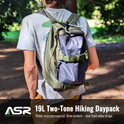 19L everyday backpack with a griptape front and padded shoulder straps in green and blue (view 1).