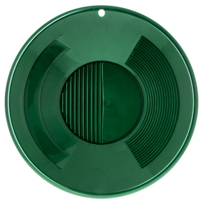 Green 10-inch triple-riffle gold pan for capturing fine gold and nuggets.