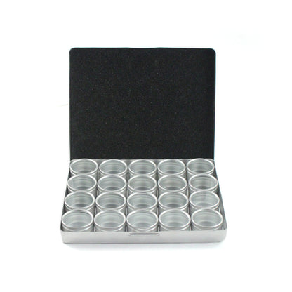 20-piece aluminum storage container set for gold flakes, gemstones, and specimens.