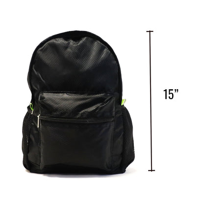 collapsible all black backpack transforms from as small as a pencil pouch to a medium sized backpack