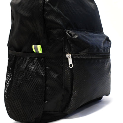 collapsible all black backpack transforms from as small as a pencil pouch to a medium sized backpack