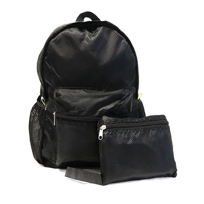 Black water-resistant collapsible travel backpack with mesh side pockets for camping and hiking.