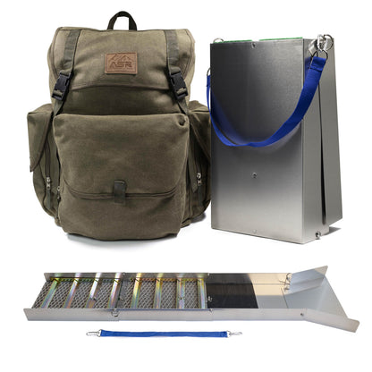 50-inch folding aluminum gold sluice box with a 30L canvas backpack for gold prospecting.