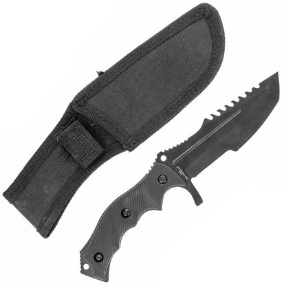 8.5-inch black full-tang tanto survival knife with a serrated spine, sheath, and belt loop.