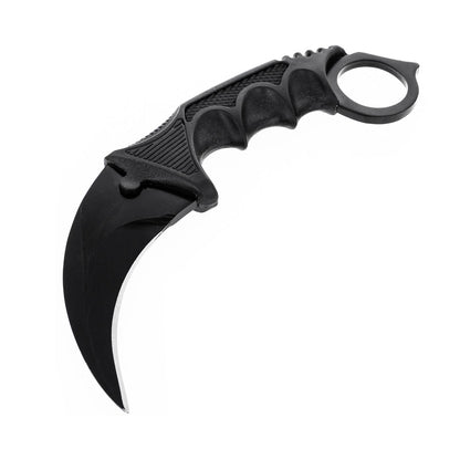 7-inch matte black hawkbill karambit full-tang fixed blade knife with a sheath and lanyard.