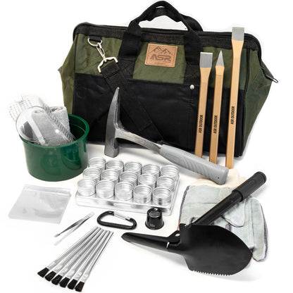 Beginner geology rock hounding kit with a 20oz rock pick hammer, mining tools, and a carry bag.