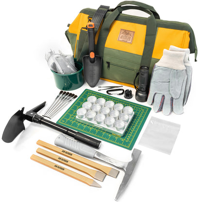 21-piece geology rock hounding kit with mining tools and a deluxe carry bag.