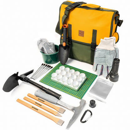 Deluxe geology rock hounding kit with a 20oz rock pick hammer, mining tools, and a musette bag.