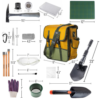 A comprehensive set of rock hounding tools including a hammer, gloves, magnifying loupe, goggles, brushes, classifier sieve, snifter bottle, plastic baggies, tweezers, chisel, aluminum containers, and a yellow and green nylon tote bag.