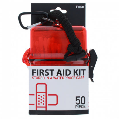 50-piece first aid kit in a waterproof plastic case for emergencies.