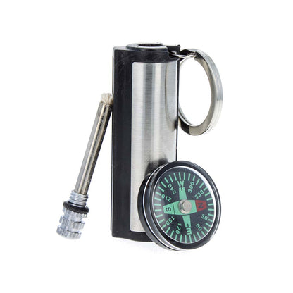 Match-style fire stick starter survival tool with a keychain and built-in compass.