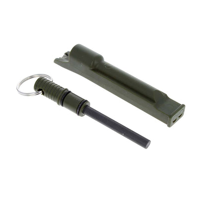 Black 3-in-1 flint fire starter with a built-in whistle and key ring.