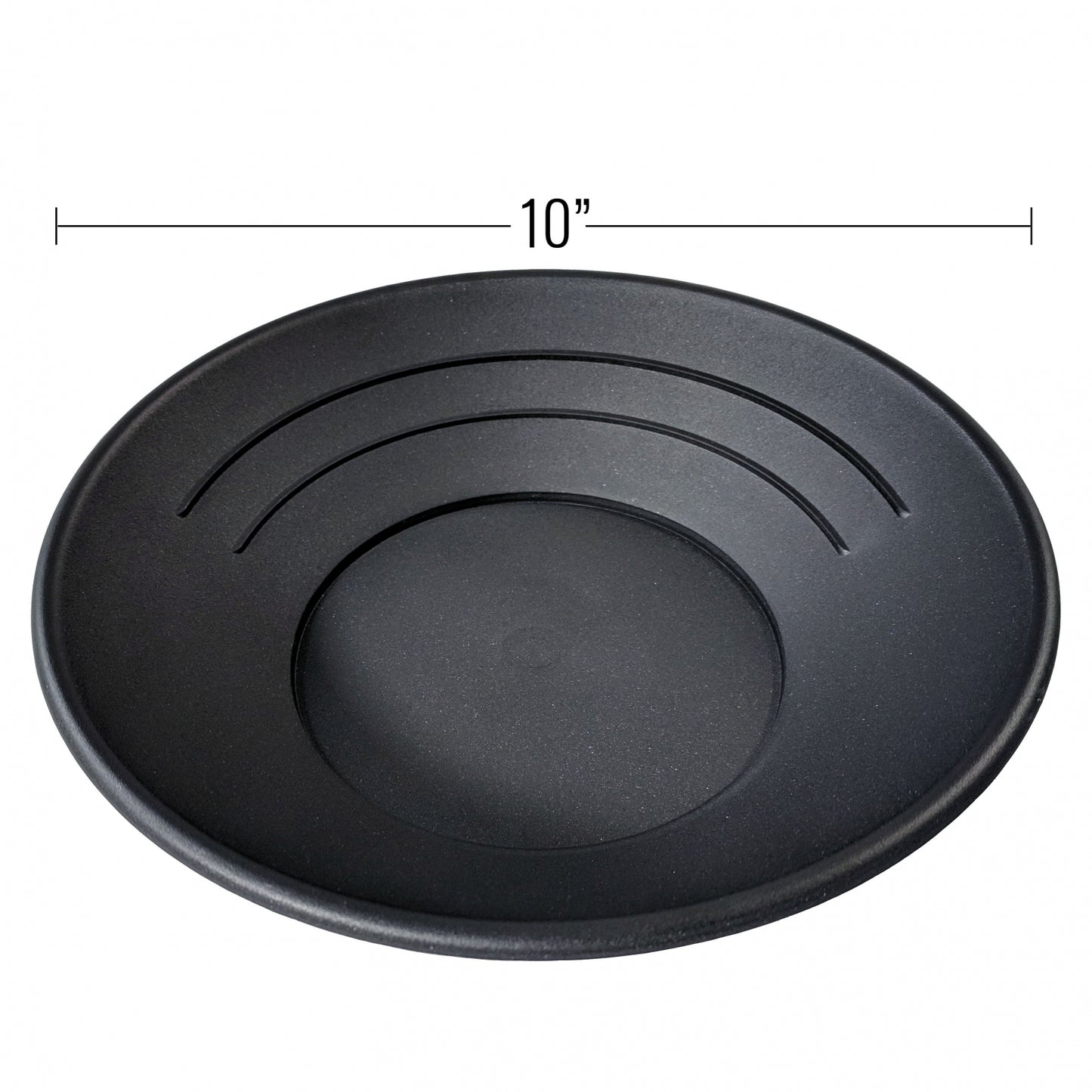 Image shows a photo of the scale of ASR Outtdoors traditional riffle gold pan as 10 inches in diameter.