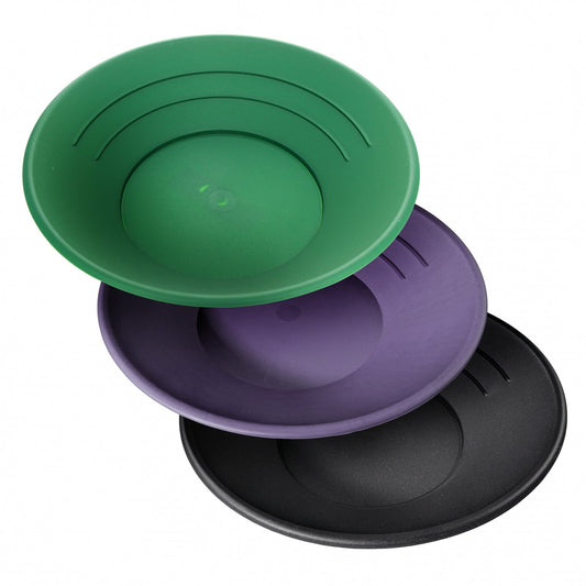 Images shows three gold pan color variations: green, purple and black