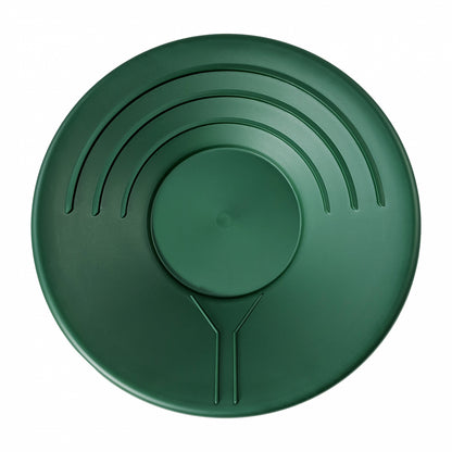 14-inch single-ridge-riffle finishing gold pan with a water guide for gold recovery.