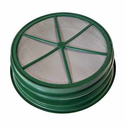 Stackable 5-gallon bucket gold classifier screens in assorted stainless mesh sizes.