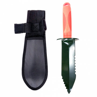13-inch serrated-edge digger hand trowel for breaking up hard ground while treasure hunting.