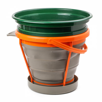 10L collapsible silicone bucket with a classifier screen for gold prospecting.